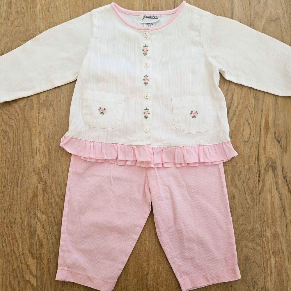 Boutique Pink White Girls 2T Pants Spring Outfit Hand Embroidered Cotton